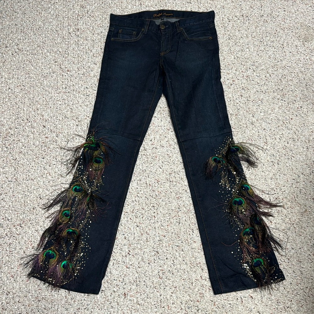 RALPH LAUREN Black Label Peacock Feather Blue Jeans Size 29 NWOT